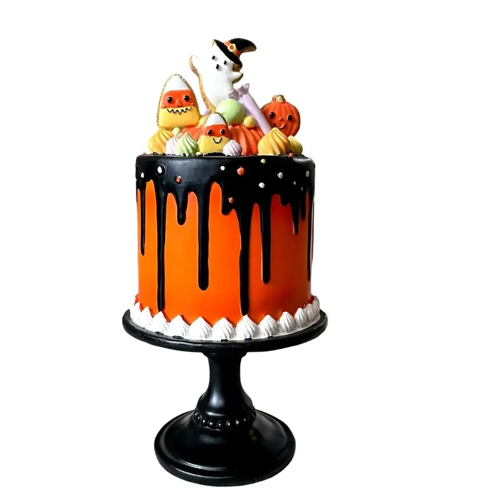 Ghoulish Halloween Candy Corn Ghost Cake Decor 13in Resin Black & Orange NEW